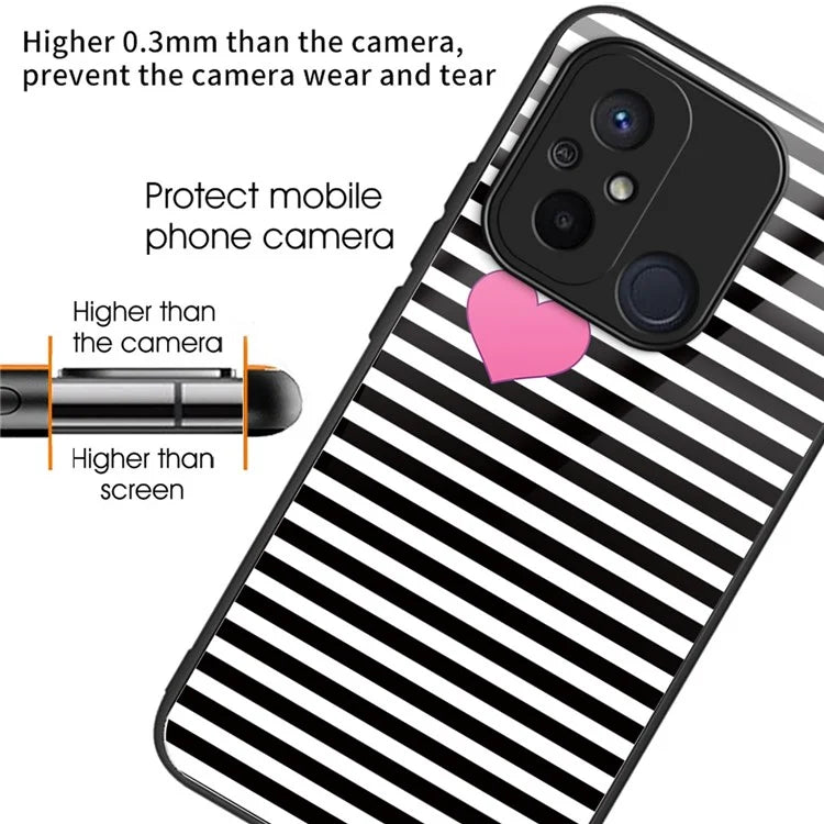 Back Case for Xiaomi Redmi 12C 4G Shell TPU+Tempered Glass Pattern Printing Cover