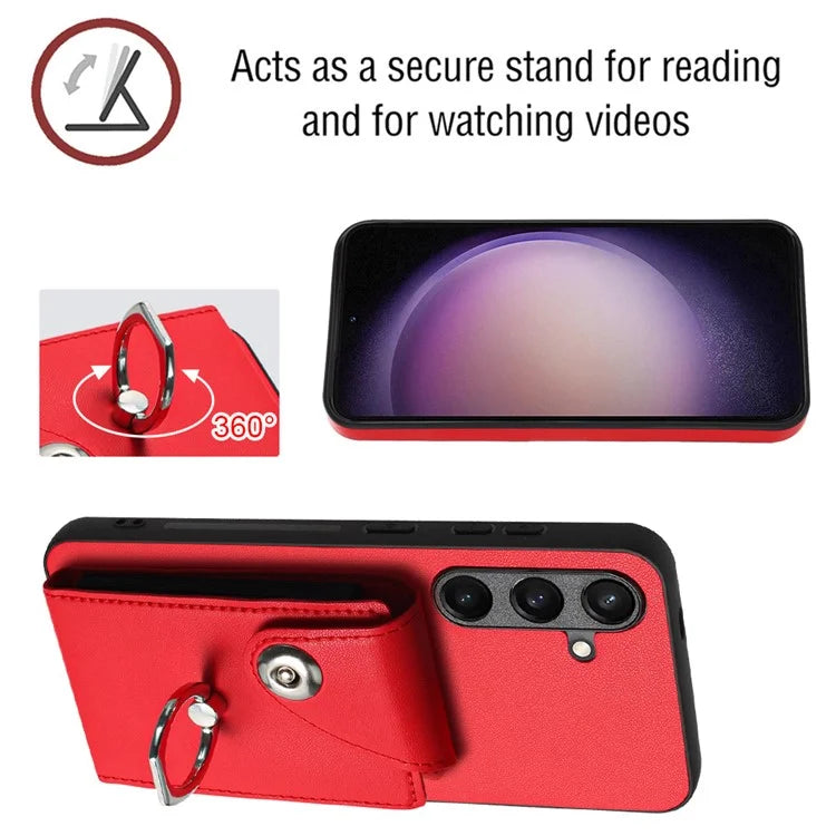 YB Leather Coating Series-7 for Samsung Galaxy S24+ Case Scratch-proof Ring Kickstand Phone Shell