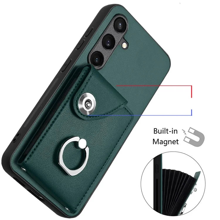 YB Leather Coating Series-7 for Samsung Galaxy S24+ Case Scratch-proof Ring Kickstand Phone Shell