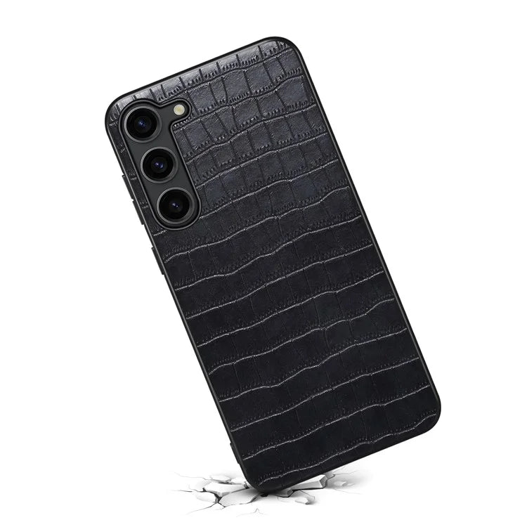 For Samsung Galaxy S24 Back Case PU Leather Coated PC+TPU Crocodile Texture Phone Cover