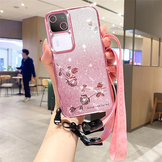 KADEM For vivo S18 5G TPU Cover Rhinestone Flower Glitter Anti-fall Cell Phone Case with Strap