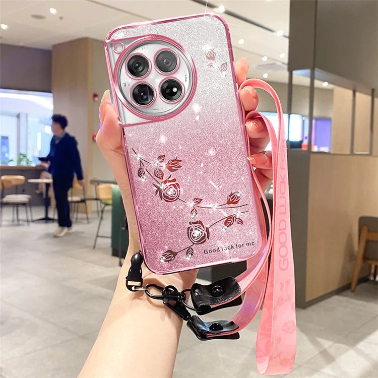 KADEM For OnePlus 12 5G Cover Flower Pattern Gradient TPU Anti-scratch Cell Phone Case with Strap