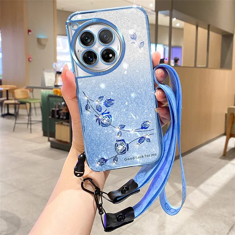KADEM For OnePlus 12 5G Cover Flower Pattern Gradient TPU Anti-scratch Cell Phone Case with Strap