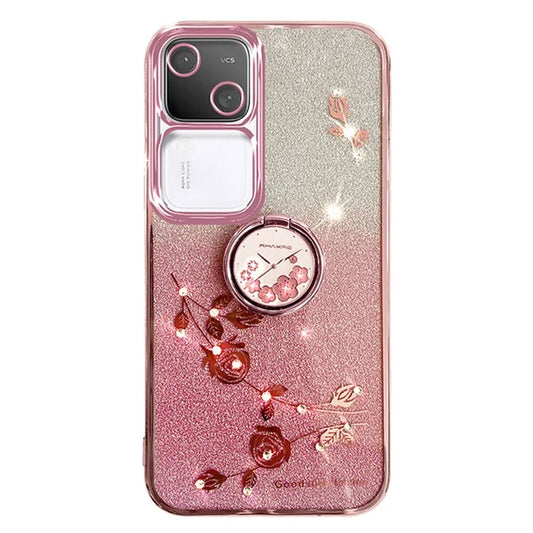 KADEM For vivo S18 5G Cell Phone Case Rhinestone Decor Flower TPU Back Cover with Ring Kickstand