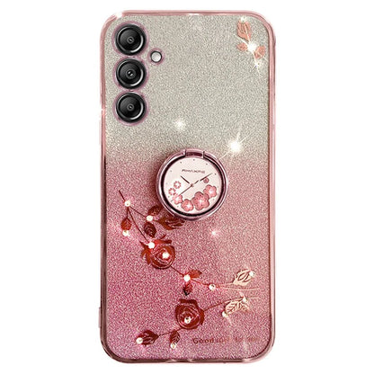 KADEM For Samsung Galaxy A25 5G (Global) (161.0 x 76.5 x 8.3mm) Case Glitter Flower Pattern Ring Kickstand TPU Anti-shock Cover
