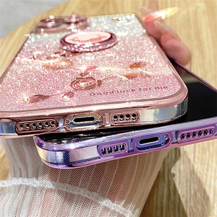 KADEM For Samsung Galaxy A25 5G (Global) (161.0 x 76.5 x 8.3mm) Case Glitter Flower Pattern Ring Kickstand TPU Anti-shock Cover