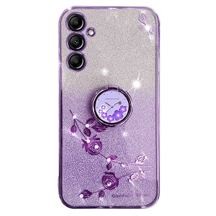 KADEM For Samsung Galaxy A25 5G (Global) (161.0 x 76.5 x 8.3mm) Case Glitter Flower Pattern Ring Kickstand TPU Anti-shock Cover