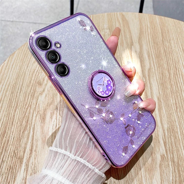 KADEM For Samsung Galaxy A25 5G (Global) (161.0 x 76.5 x 8.3mm) Case Glitter Flower Pattern Ring Kickstand TPU Anti-shock Cover
