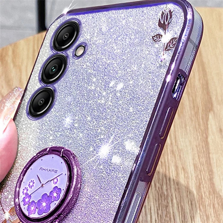 KADEM For Samsung Galaxy A25 5G (Global) (161.0 x 76.5 x 8.3mm) Case Glitter Flower Pattern Ring Kickstand TPU Anti-shock Cover