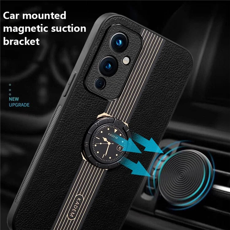 KADEM For OnePlus 9 (EU  /  US Version) Cell Phone Case Leather+Acrylic+TPU Ring Kickstand Cover