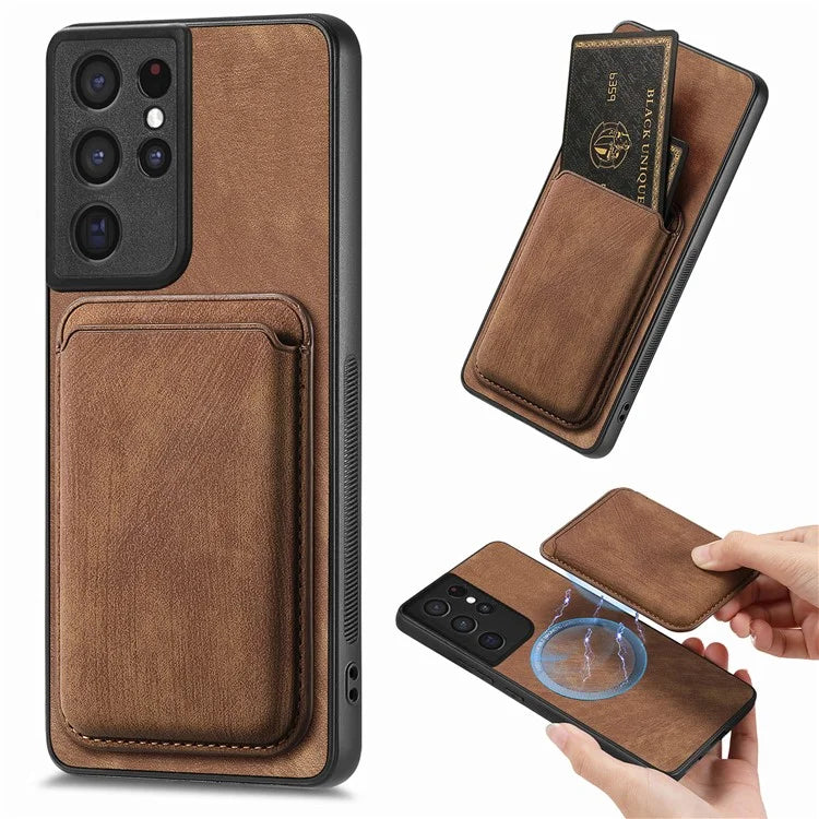 D12 For Samsung Galaxy S21 Ultra 5G Case Retro Texture Magnetic Card Holder Phone Cover
