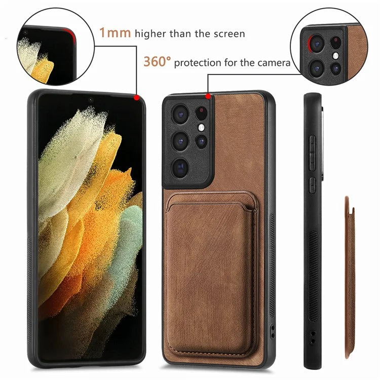 D12 For Samsung Galaxy S21 Ultra 5G Case Retro Texture Magnetic Card Holder Phone Cover
