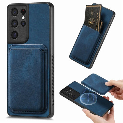 D12 For Samsung Galaxy S21 Ultra 5G Case Retro Texture Magnetic Card Holder Phone Cover