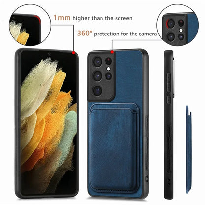 D12 For Samsung Galaxy S21 Ultra 5G Case Retro Texture Magnetic Card Holder Phone Cover