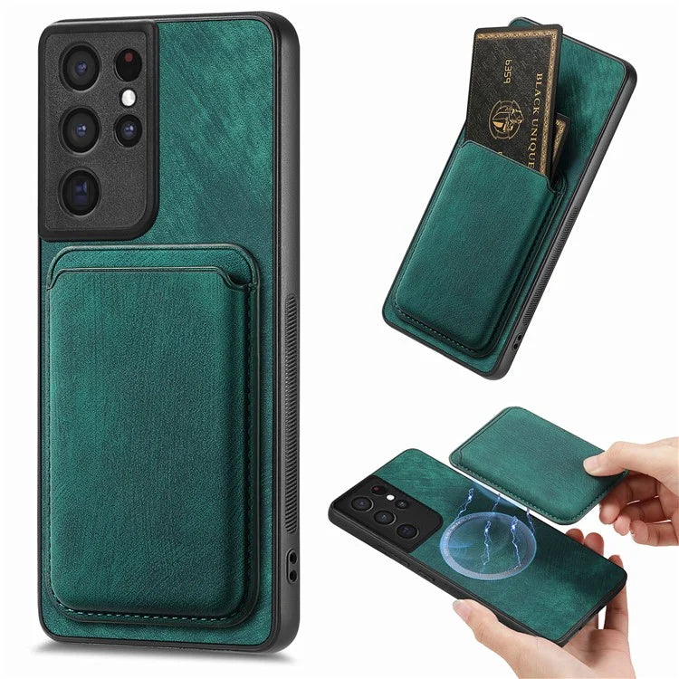 D12 For Samsung Galaxy S21 Ultra 5G Case Retro Texture Magnetic Card Holder Phone Cover