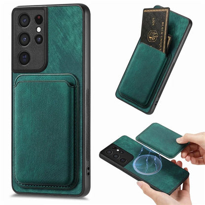 D12 For Samsung Galaxy S21 Ultra 5G Case Retro Texture Magnetic Card Holder Phone Cover