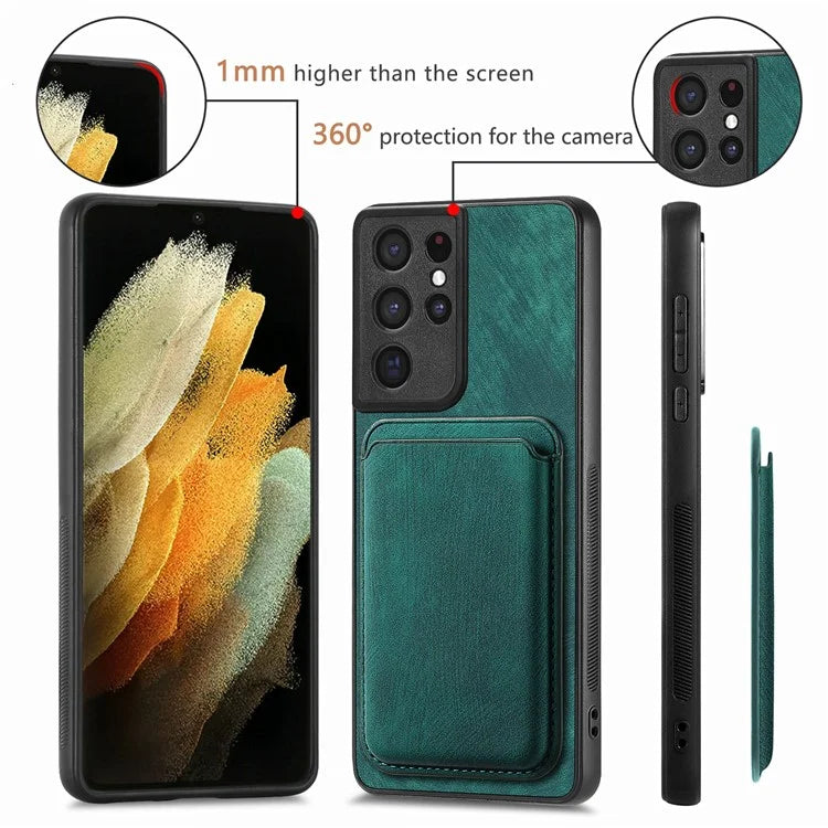 D12 For Samsung Galaxy S21 Ultra 5G Case Retro Texture Magnetic Card Holder Phone Cover