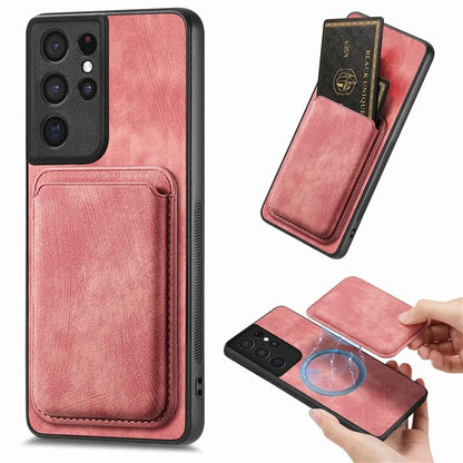 D12 For Samsung Galaxy S21 Ultra 5G Case Retro Texture Magnetic Card Holder Phone Cover