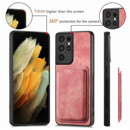 D12 For Samsung Galaxy S21 Ultra 5G Case Retro Texture Magnetic Card Holder Phone Cover
