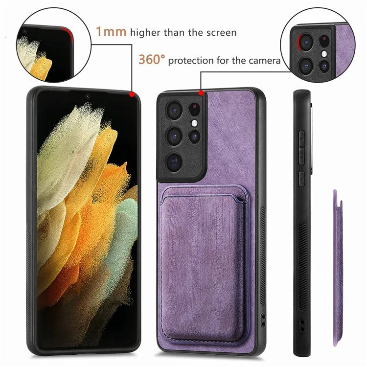 D12 For Samsung Galaxy S21 Ultra 5G Case Retro Texture Magnetic Card Holder Phone Cover
