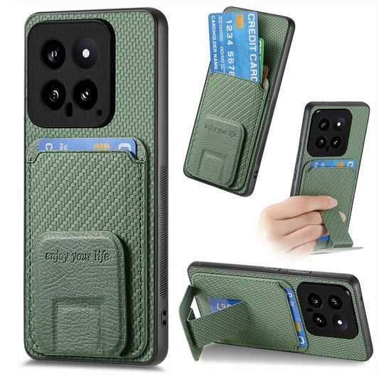 C1-11 for Xiaomi 14 Kickstand Case Leather Coated TPU Cover with Card Slots