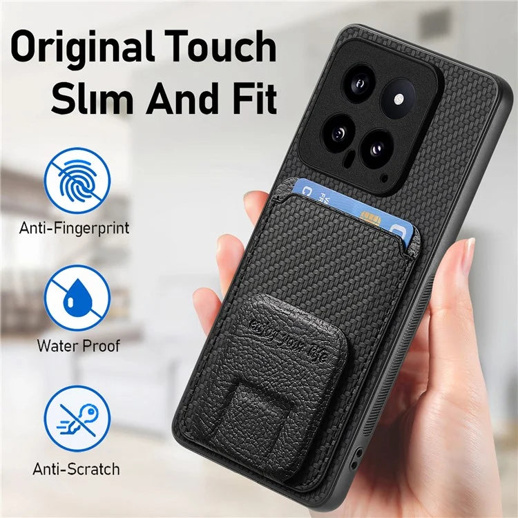 C1-11 for Xiaomi 14 Kickstand Case Leather Coated TPU Cover with Card Slots