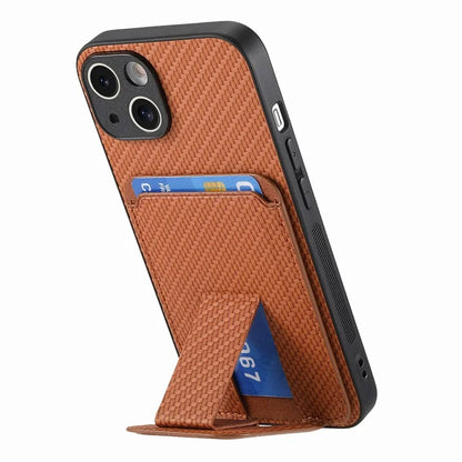 C1-11 Card Holder Case for iPhone 15 Plus Kickstand Phone Cover Carbon Fiber Texture