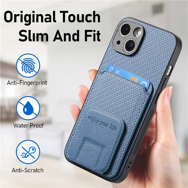C1-11 Card Holder Case for iPhone 15 Plus Kickstand Phone Cover Carbon Fiber Texture