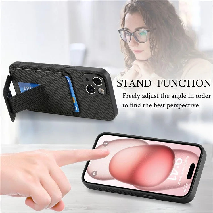 C1-11 Card Holder Case for iPhone 15 Plus Kickstand Phone Cover Carbon Fiber Texture