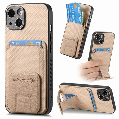 C1-11 Card Holder Case for iPhone 15 Plus Kickstand Phone Cover Carbon Fiber Texture