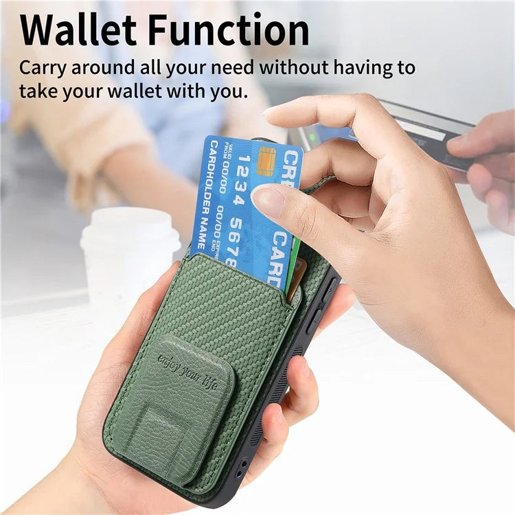 C1-11 Card Holder Case for iPhone 15 Plus Kickstand Phone Cover Carbon Fiber Texture