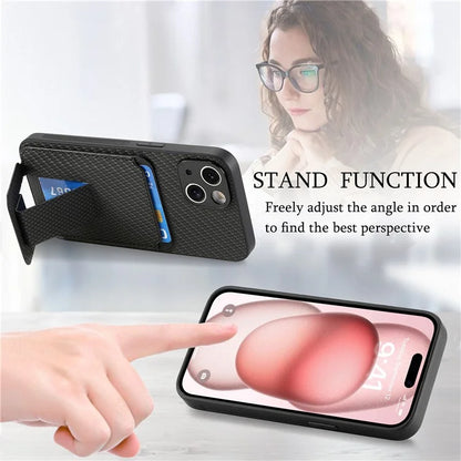 C1-11 for iPhone 15 Case Carbon Fiber Texture Protective Cover with Kickstand