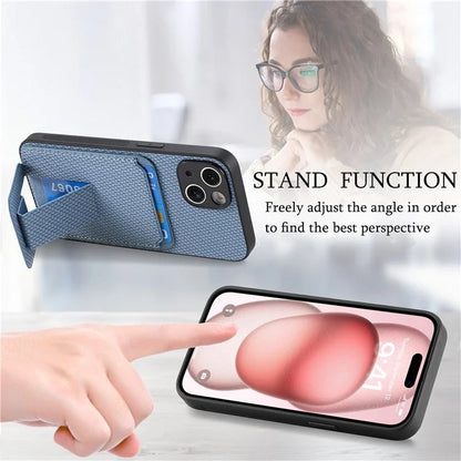 C1-11 for iPhone 15 Case Carbon Fiber Texture Protective Cover with Kickstand
