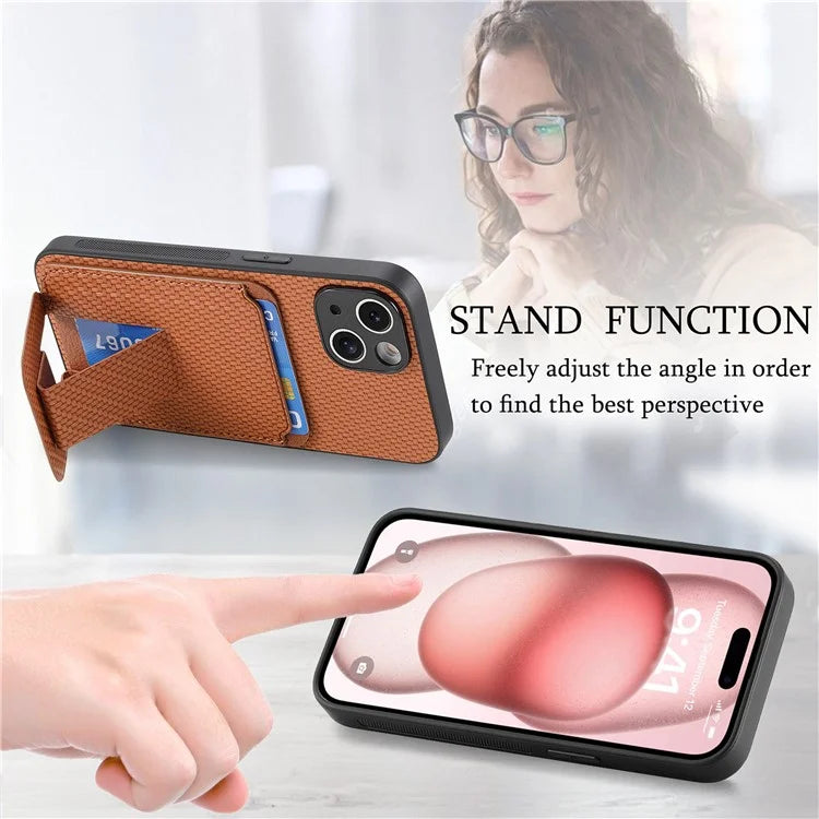 C1-11 for iPhone 15 Case Carbon Fiber Texture Protective Cover with Kickstand