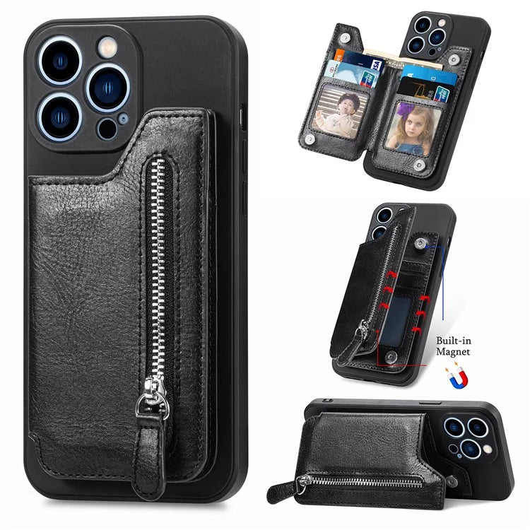 For iPhone 15 Pro Max Wallet Phone Case PU Leather Coated Straight Edge TPU Cover