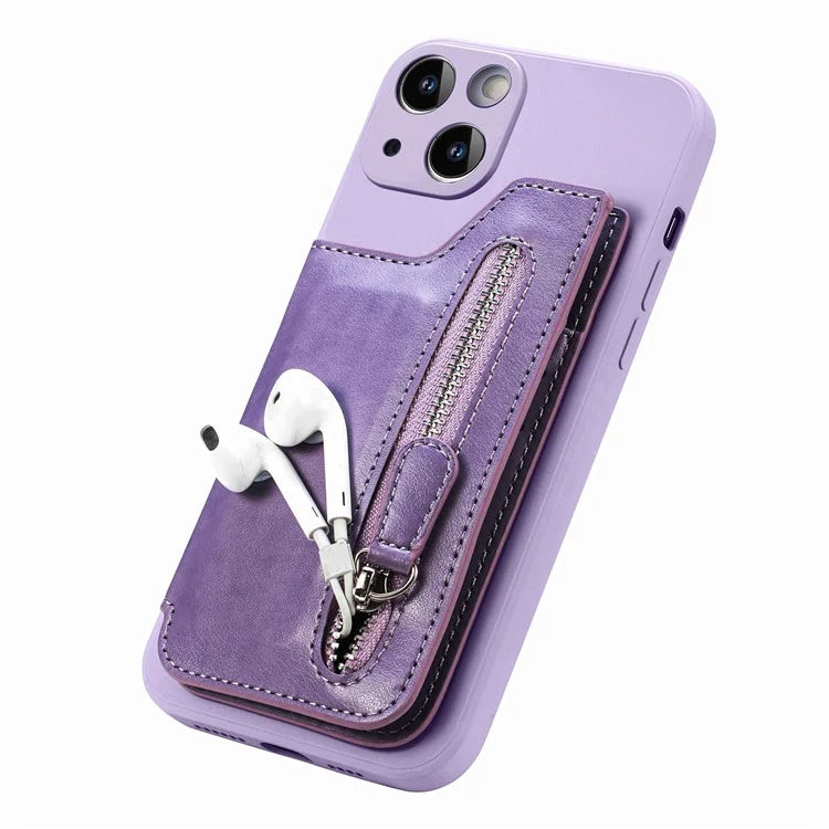 For iPhone 15 Plus Phone Case Card Holder Zipper Pocket Shockproof Cover