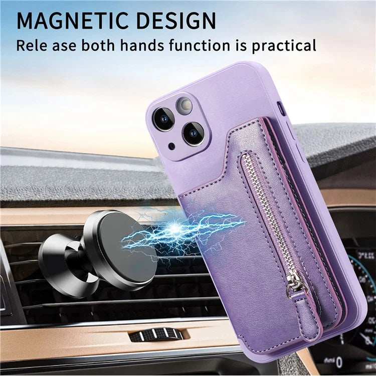 For iPhone 15 Plus Phone Case Card Holder Zipper Pocket Shockproof Cover