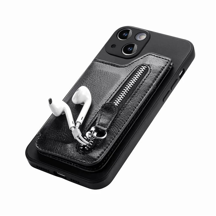 For iPhone 15 Plus Phone Case Card Holder Zipper Pocket Shockproof Cover