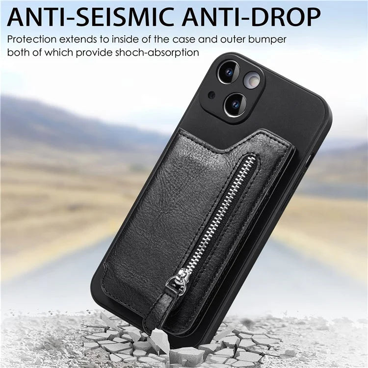 For iPhone 15 Plus Phone Case Card Holder Zipper Pocket Shockproof Cover