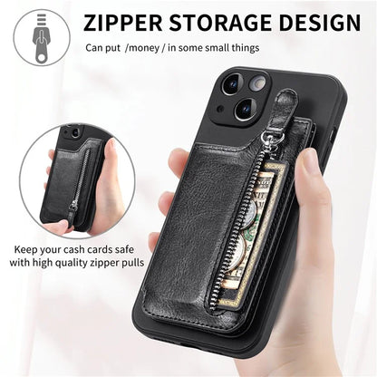 For iPhone 15 Plus Phone Case Card Holder Zipper Pocket Shockproof Cover