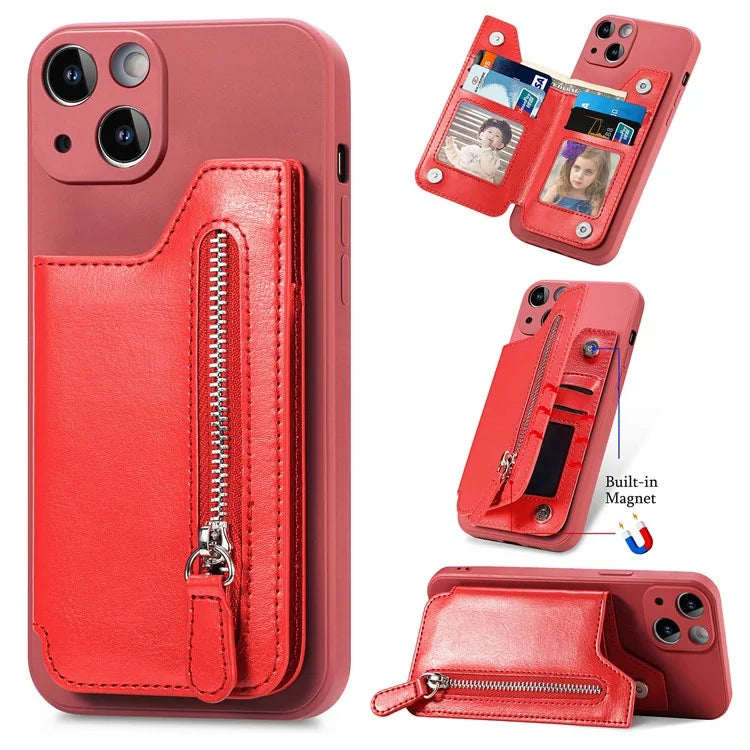 For iPhone 15 Plus Phone Case Card Holder Zipper Pocket Shockproof Cover
