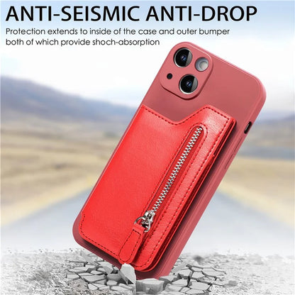 For iPhone 15 Plus Phone Case Card Holder Zipper Pocket Shockproof Cover