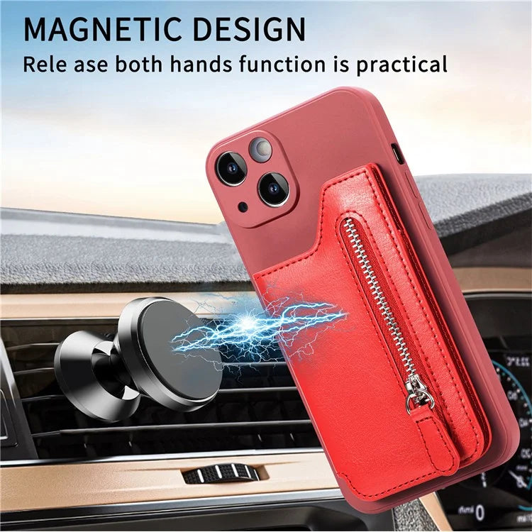 For iPhone 15 Plus Phone Case Card Holder Zipper Pocket Shockproof Cover