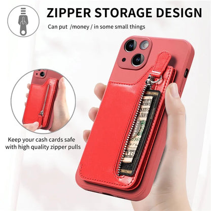 For iPhone 15 Plus Phone Case Card Holder Zipper Pocket Shockproof Cover