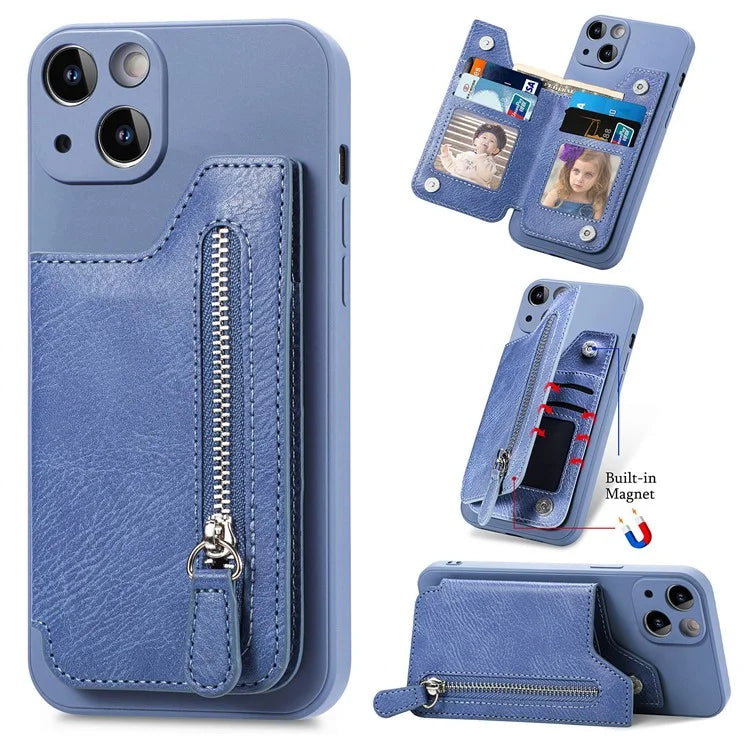 For iPhone 15 Plus Phone Case Card Holder Zipper Pocket Shockproof Cover