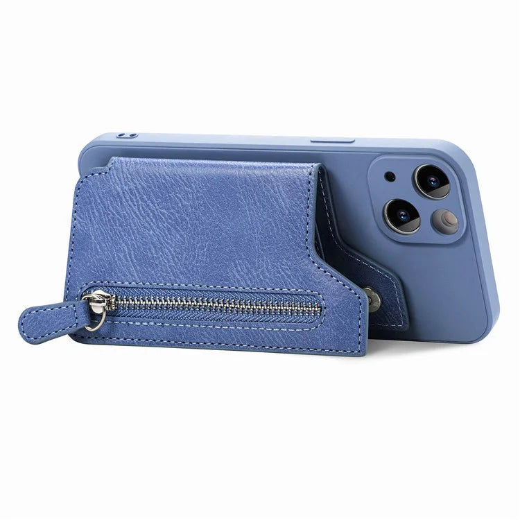 For iPhone 15 Plus Phone Case Card Holder Zipper Pocket Shockproof Cover