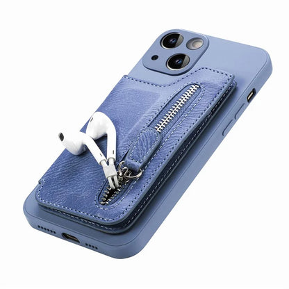 For iPhone 15 Plus Phone Case Card Holder Zipper Pocket Shockproof Cover