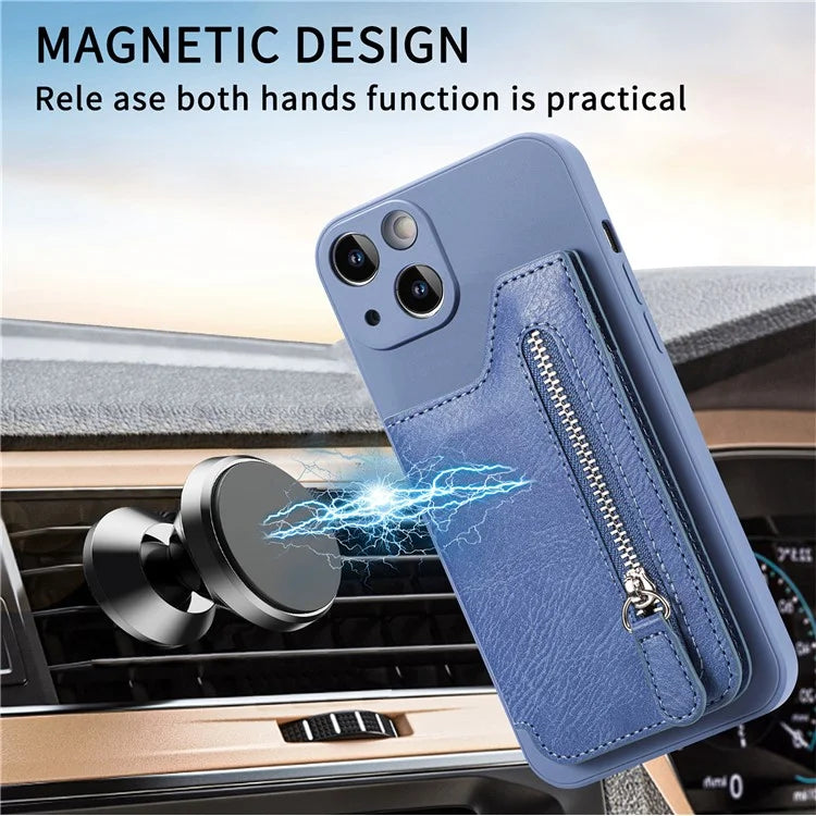 For iPhone 15 Plus Phone Case Card Holder Zipper Pocket Shockproof Cover