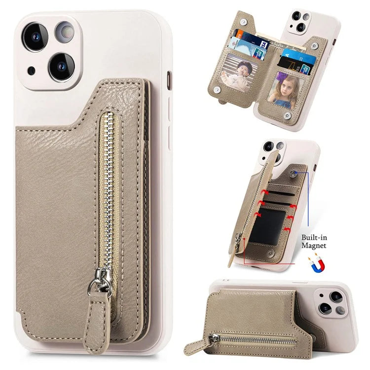 For iPhone 15 Plus Phone Case Card Holder Zipper Pocket Shockproof Cover