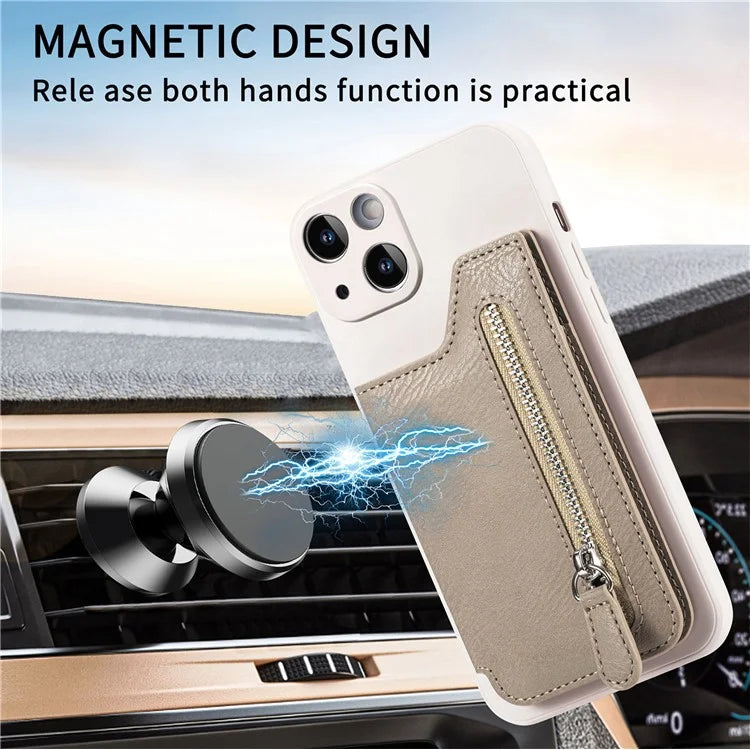 For iPhone 15 Plus Phone Case Card Holder Zipper Pocket Shockproof Cover